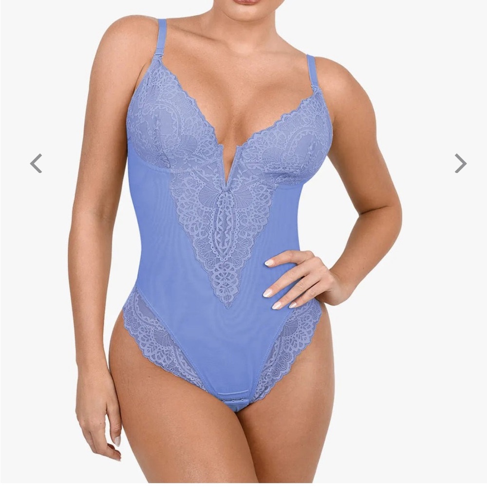 Popilush Light Blue Lace Deep V Thong Bodysuit